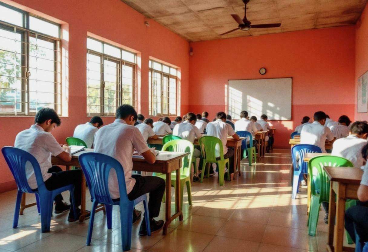 Lanky fourteen to seventeen-year-old students in white polo shirts and dark trousers hunched over notebooks writing
