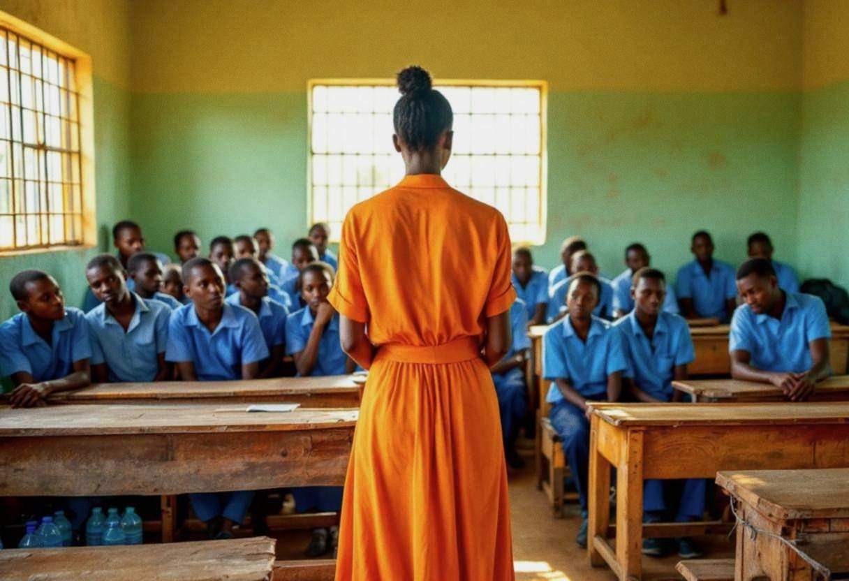 One teacher in a flowing bright orange cotton dress seen from behind addressing lanky teenagers ages 14 to 17 in blue un