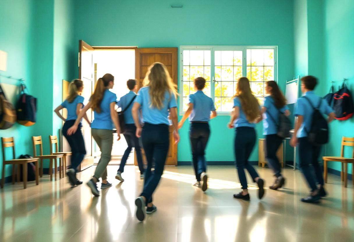Lanky fourteen to seventeen-year-old high school students in blue polo shirts and dark trousers moving in synchronized d