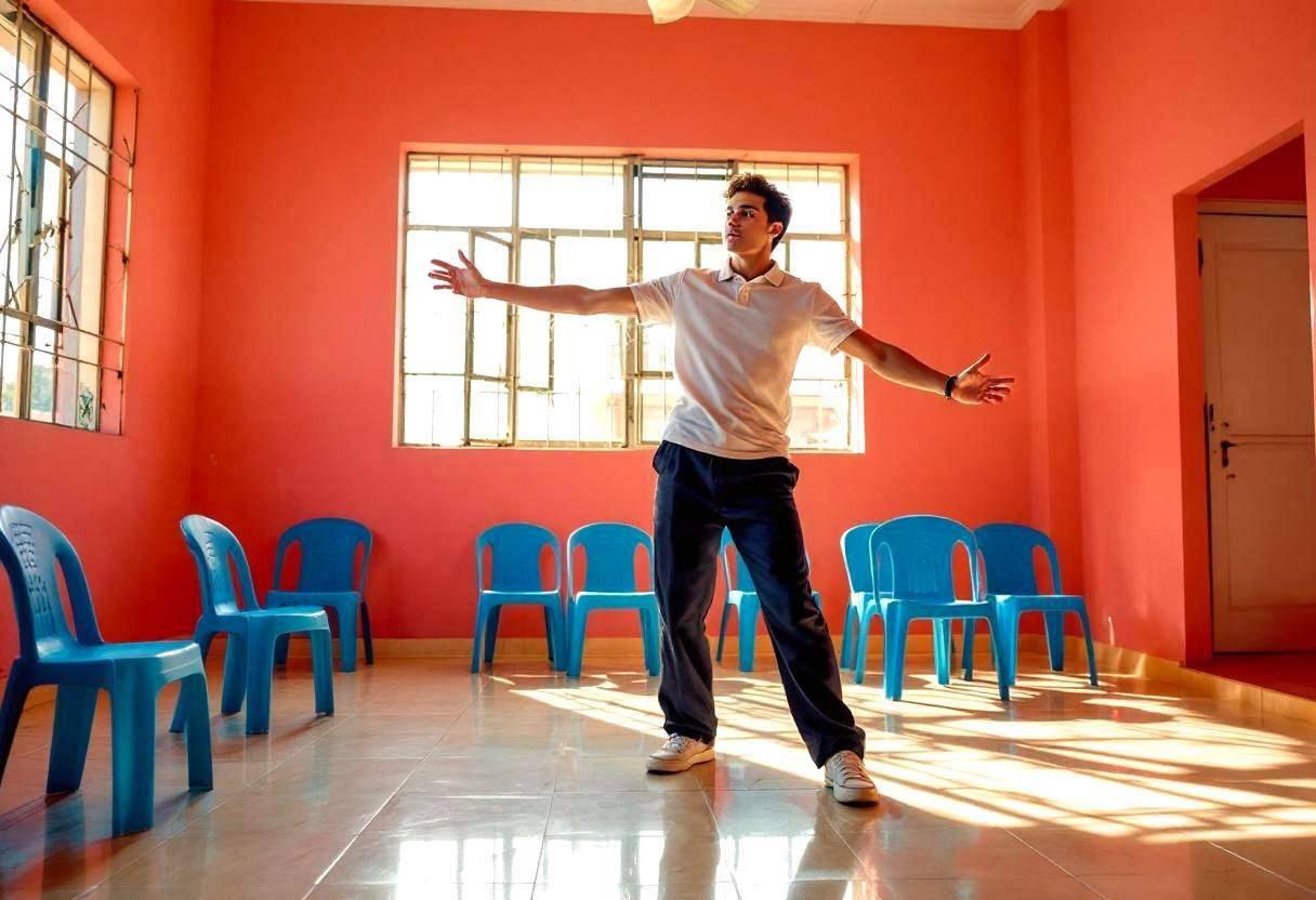 One lanky sixteen-year-old in a white cotton polo shirt and dark navy trousers practicing expressive dance movements