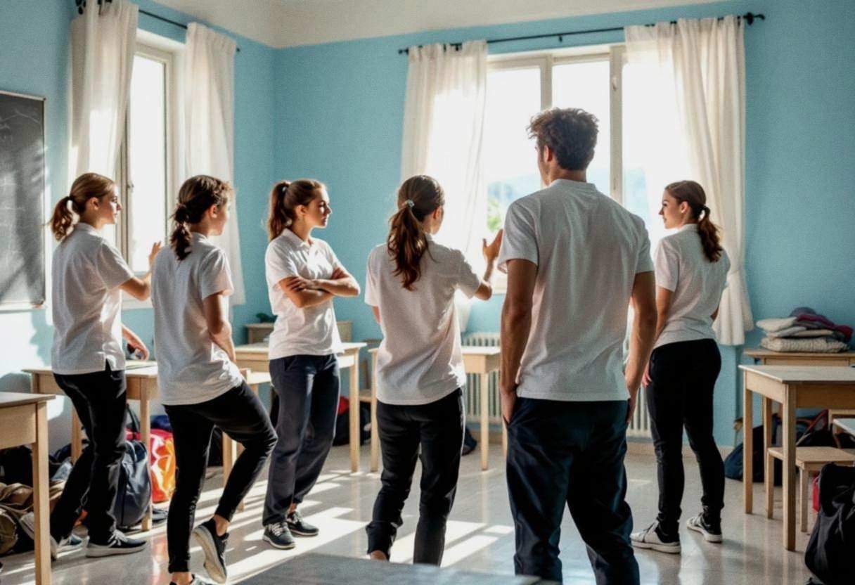 Lanky teenagers ages 14 to 17 in white polo shirts and dark trousers performing synchronized movement exercises
