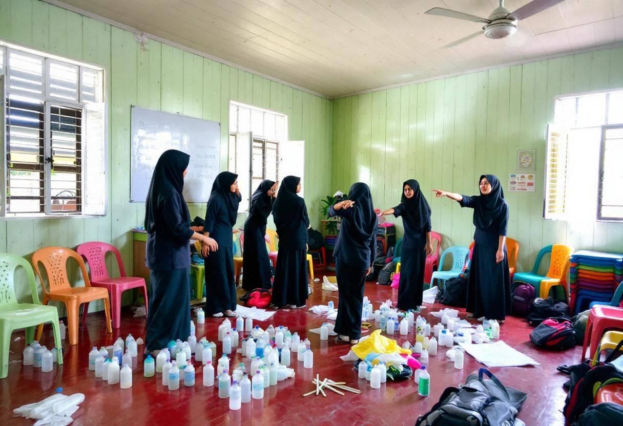 Dance movement props and water bottles scattered across red concrete floor in a Filipino classroom with pale green woode