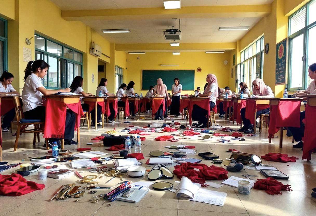Dance movement props and mirrors scattered on cream tile floor in Vietnamese urban classroom with cream-yellow painted w