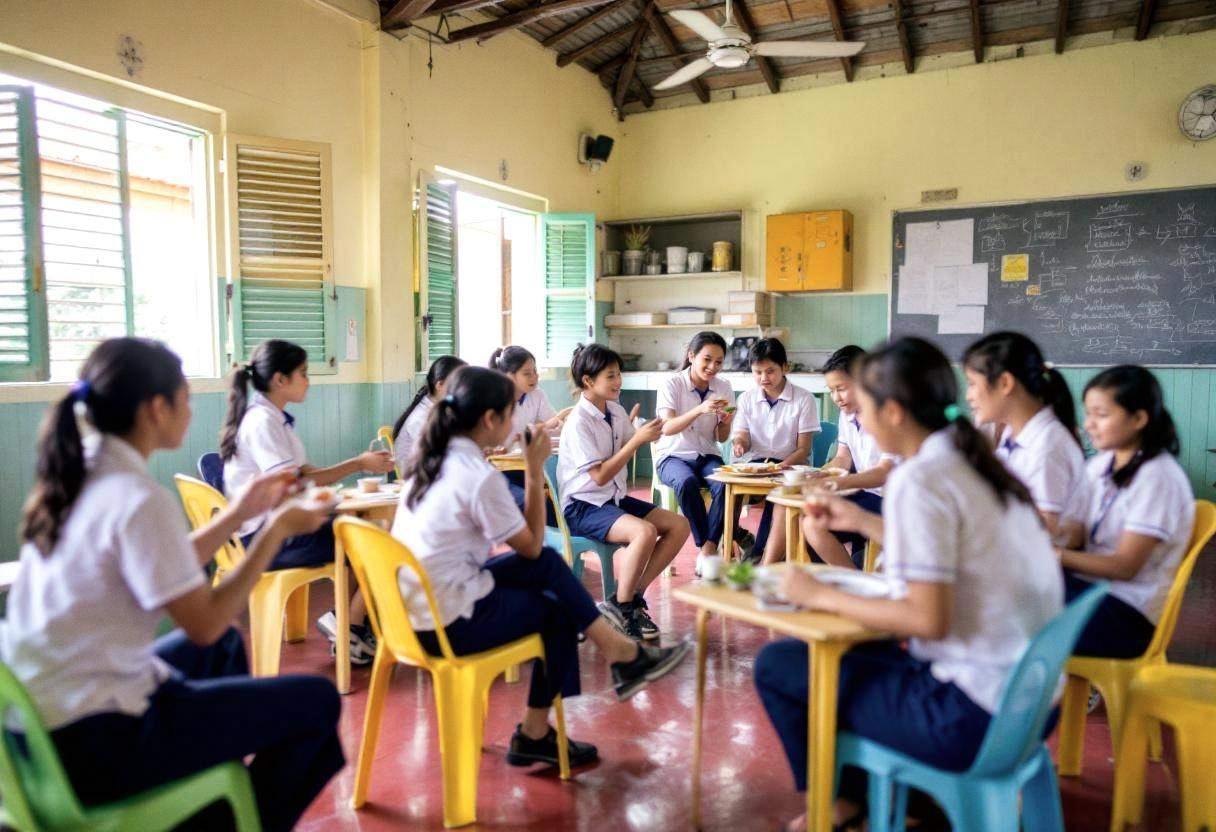 Middle-school-age preteens ages 10-13 in white polo shirts and navy blue trousers acting out food sharing scenes in smal