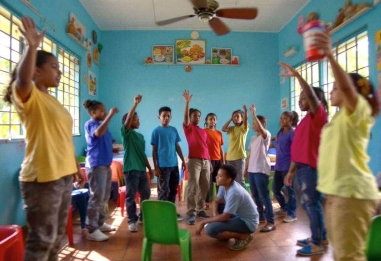 Preteens ages 10 to 13 in colorful cotton t-shirts and casual school pants performing dramatic scenes about food sharing
