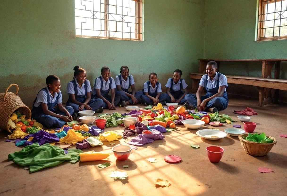 Drama props and costumes scattered on a compacted-earth classroom floor in a Kenyan village school with mint-green paint