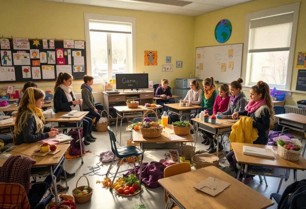 Drama props and costumes scattered across wooden desks and pale linoleum floor in a small-town Canadian classroom with p