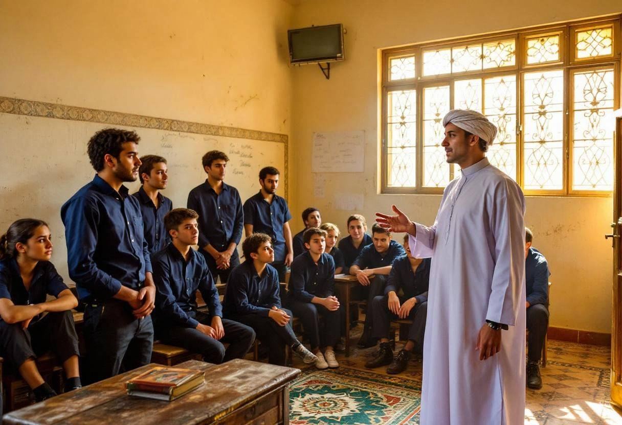 Lanky teenagers ages 14 to 17 in navy button-down shirts and dark trousers gathered around their teacher in a traditiona