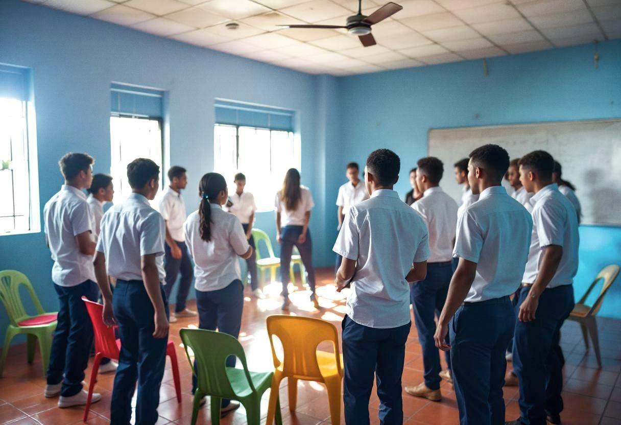 Lanky fourteen to seventeen-year-olds in white cotton button-down shirts and navy trousers gathered in a circle doing th