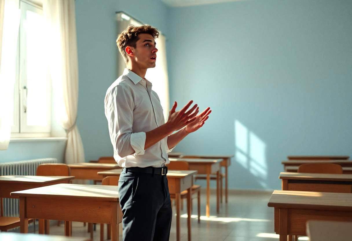 One lanky sixteen-year-old in a white cotton button-down shirt and dark trousers practicing dramatic gestures mid-monolo