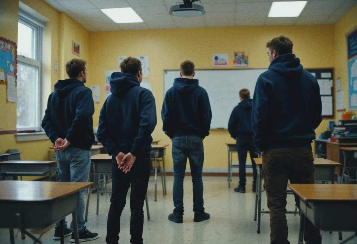 Lanky teenagers ages 14 to 17 in navy hoodies and jeans performing dramatic scenes from behind