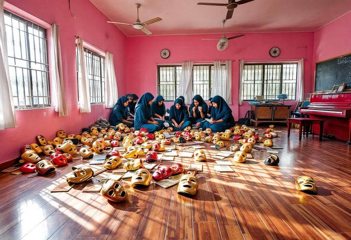 Drama masks and rolled scripts scattered across wood-look tile floor in an Indian municipal school music room with vibra