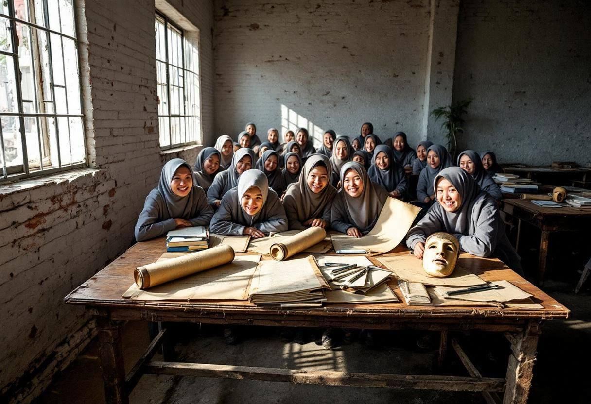 Ancient Greek theater masks and scrolls scattered across a wooden bench in a rural Chinese village classroom