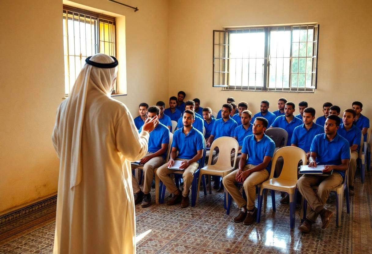 Moroccan music teacher in traditional cream djellaba from behind leading lanky teenagers ages 14 to 17 in blue polo shir