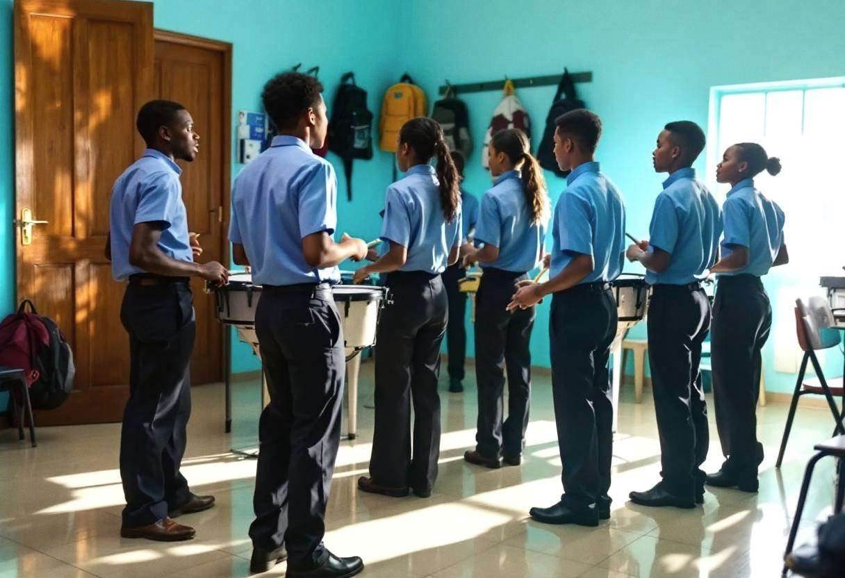 Lanky teenagers ages 14 to 17 in blue uniform shirts and dark trousers practicing rhythmic percussion with makeshift ins