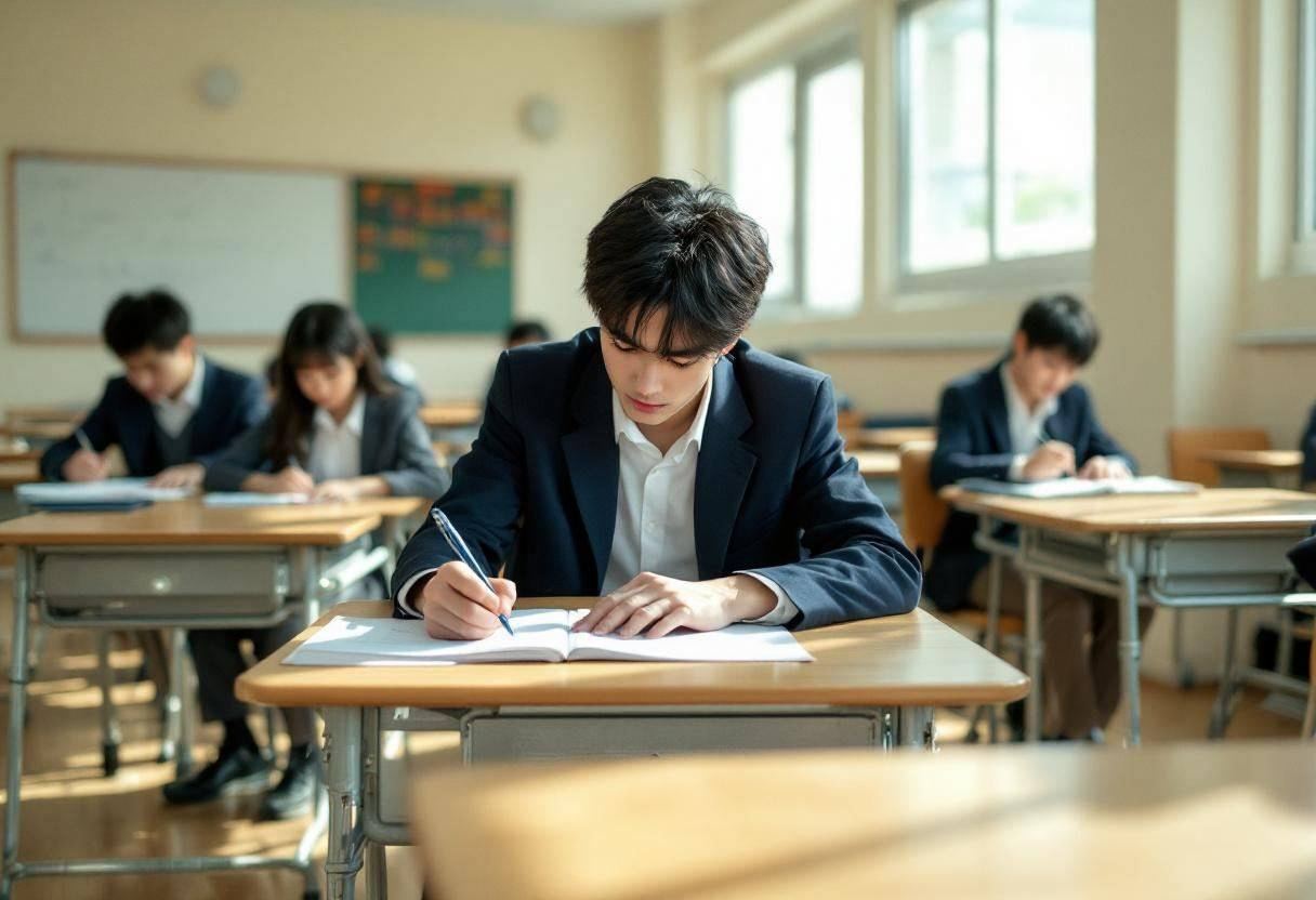 One lanky sixteen-year-old student in navy blazer and white collared shirt sitting at a metal-and-wood desk