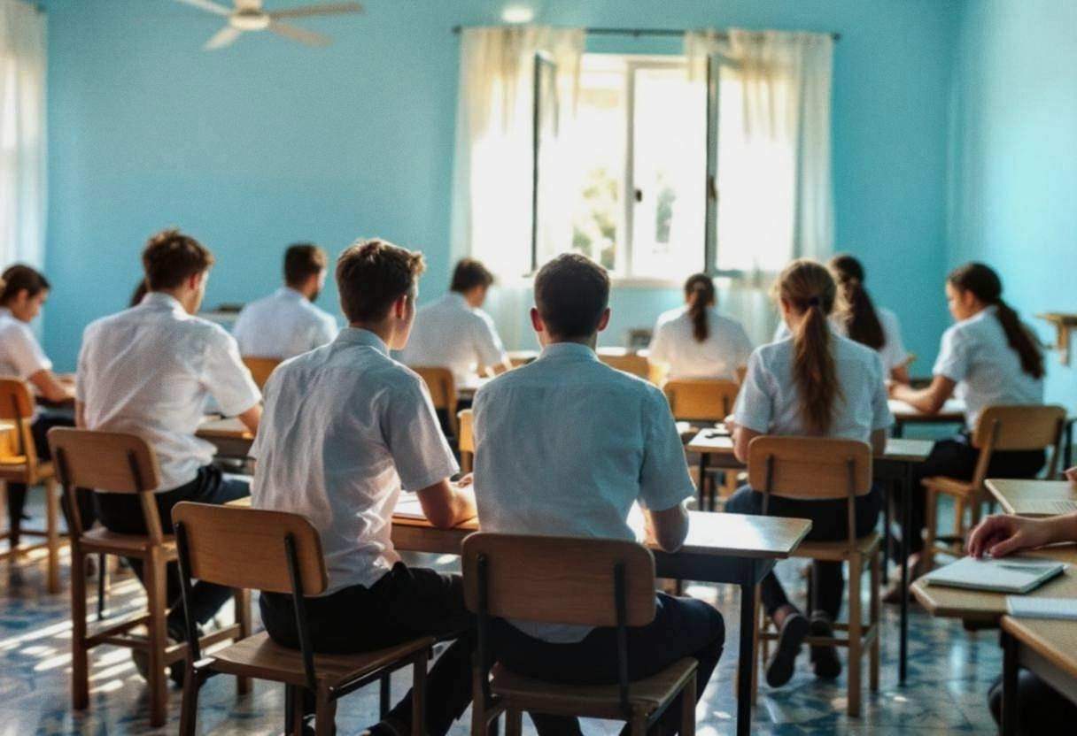 Lanky teenagers ages 14 to 17 in white button-down shirts and dark trousers seated at wooden desks
