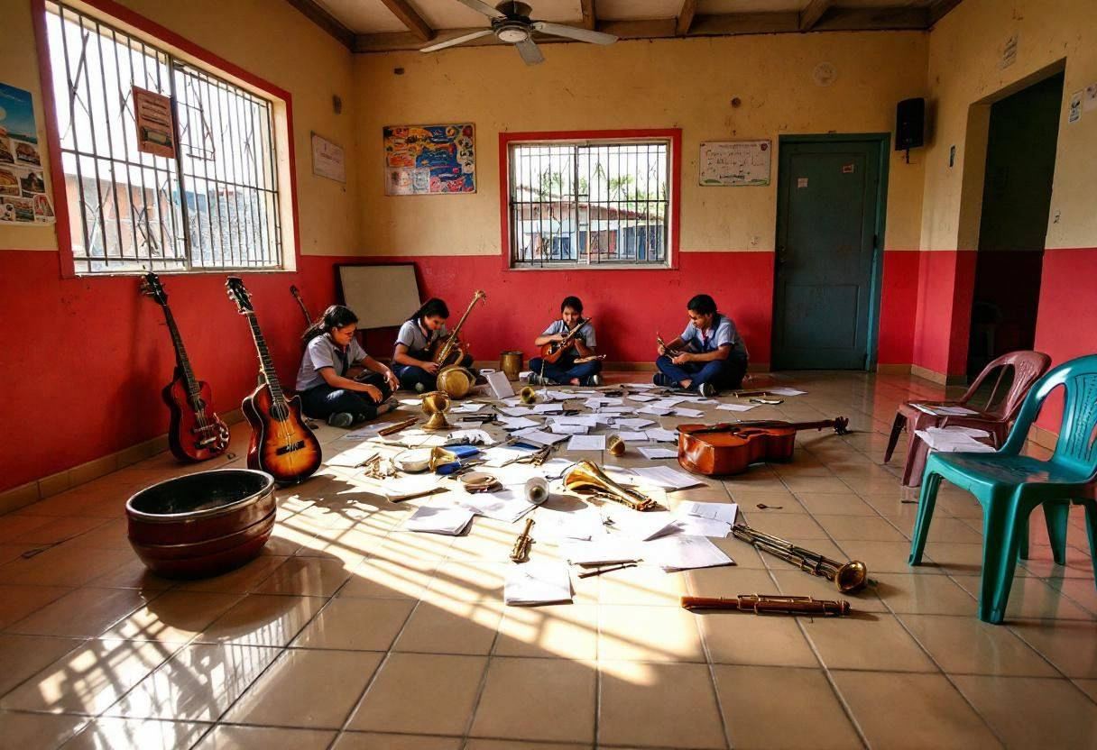 Musical instruments and sheet music scattered across shiny cream ceramic tiles in a Mexican community-school classroom w