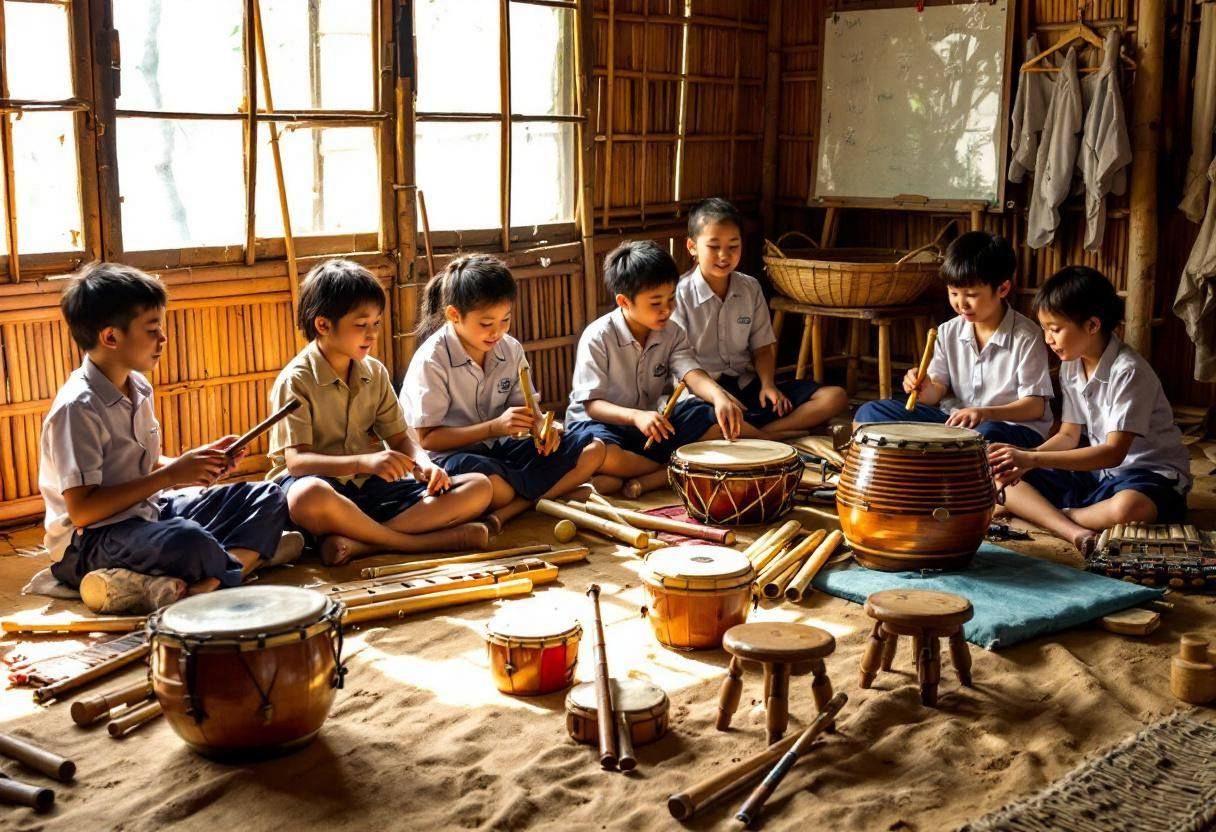 Traditional Indonesian musical instruments scattered across a packed-earth classroom floor with woven bamboo walls