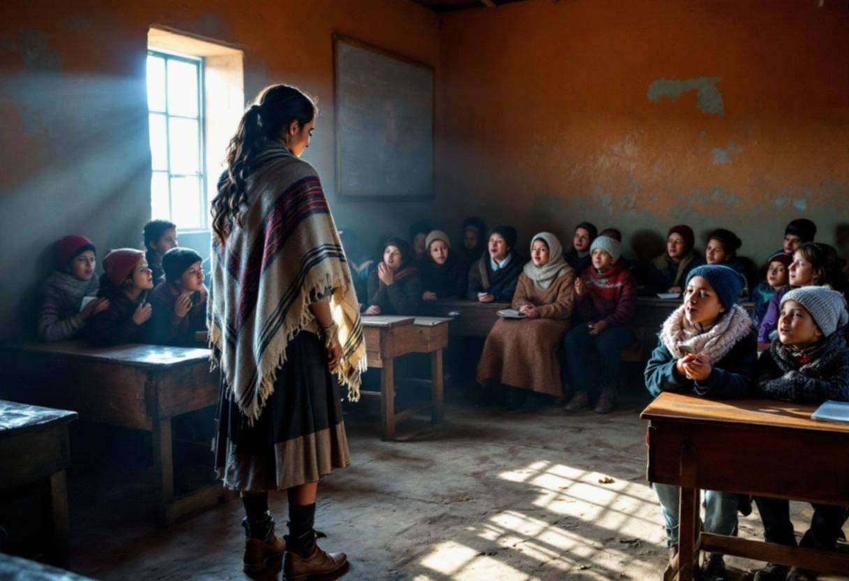 Female teacher in a woven alpaca shawl and dark skirt leading preteens ages 10 to 13 in knit wool sweaters and caps sing
