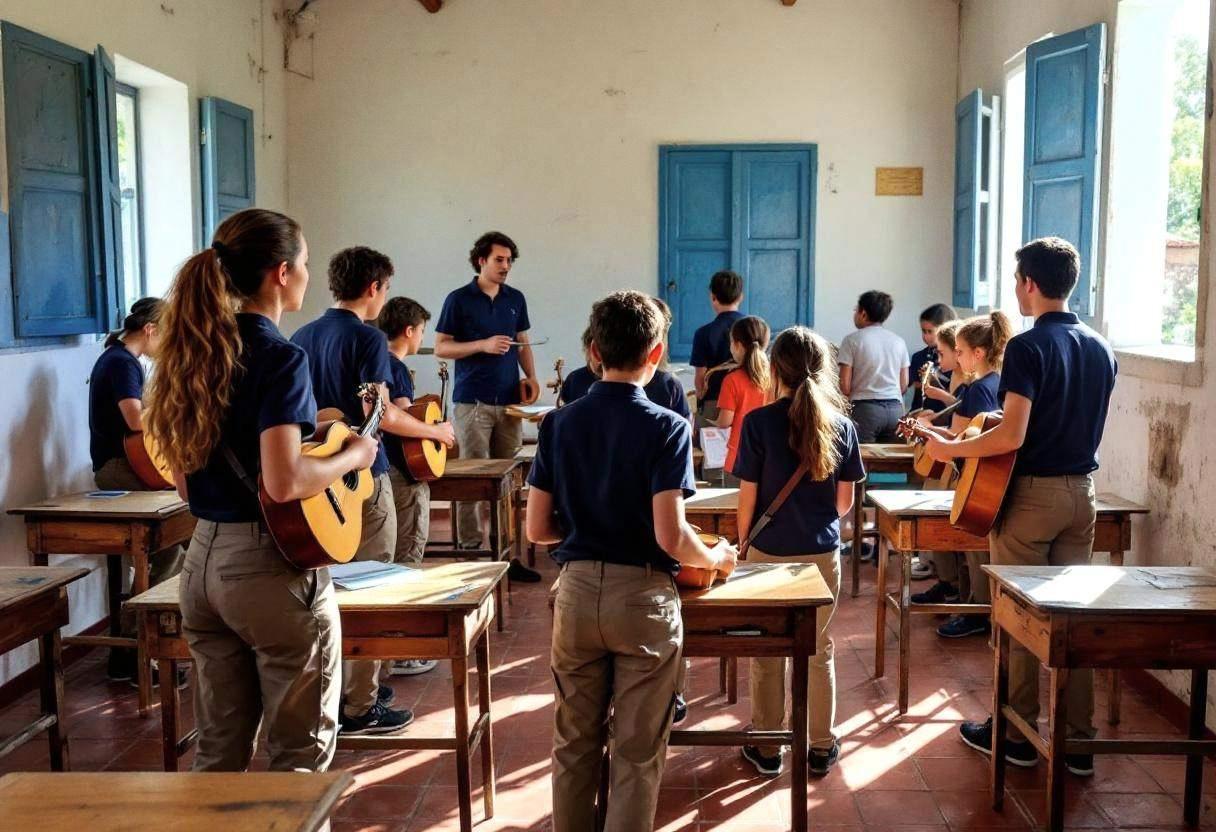 Portuguese middle-school preteens ages 10 to 13 in navy polo shirts and khaki trousers singing folk songs together