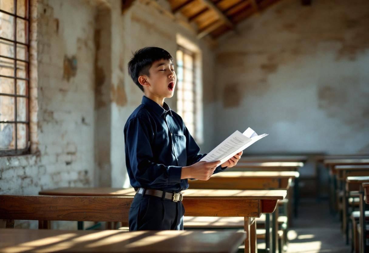 One preteen Chinese student in a navy blue school uniform shirt and dark trousers standing at a wooden bench