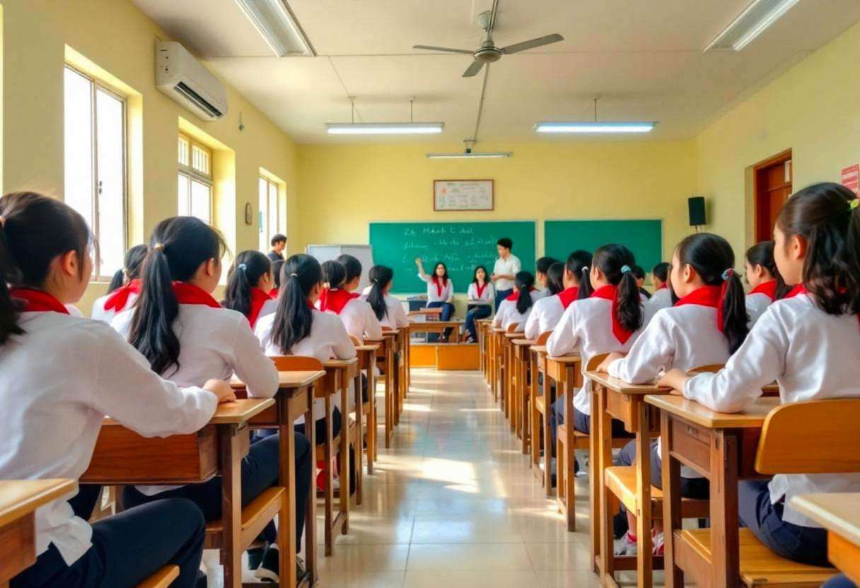 Preteen students ages 10-13 in white button-down shirts and red scarves gathered around wooden desks singing folk songs 