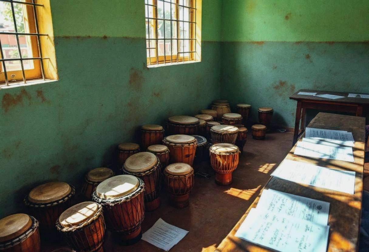 Traditional African drums and wooden percussion instruments scattered on compacted-earth floor beside plain wooden bench