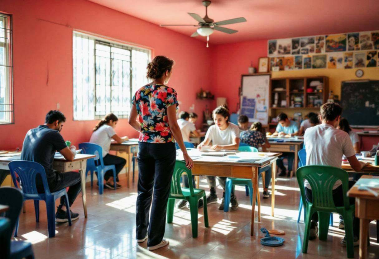 Mexican teacher in a bright floral blouse and dark slacks seen from behind demonstrating printmaking techniques to lanky