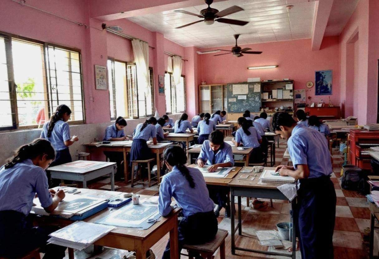 Lanky fourteen to seventeen-year-old students in blue button-down uniform shirts and navy trousers working on printmakin