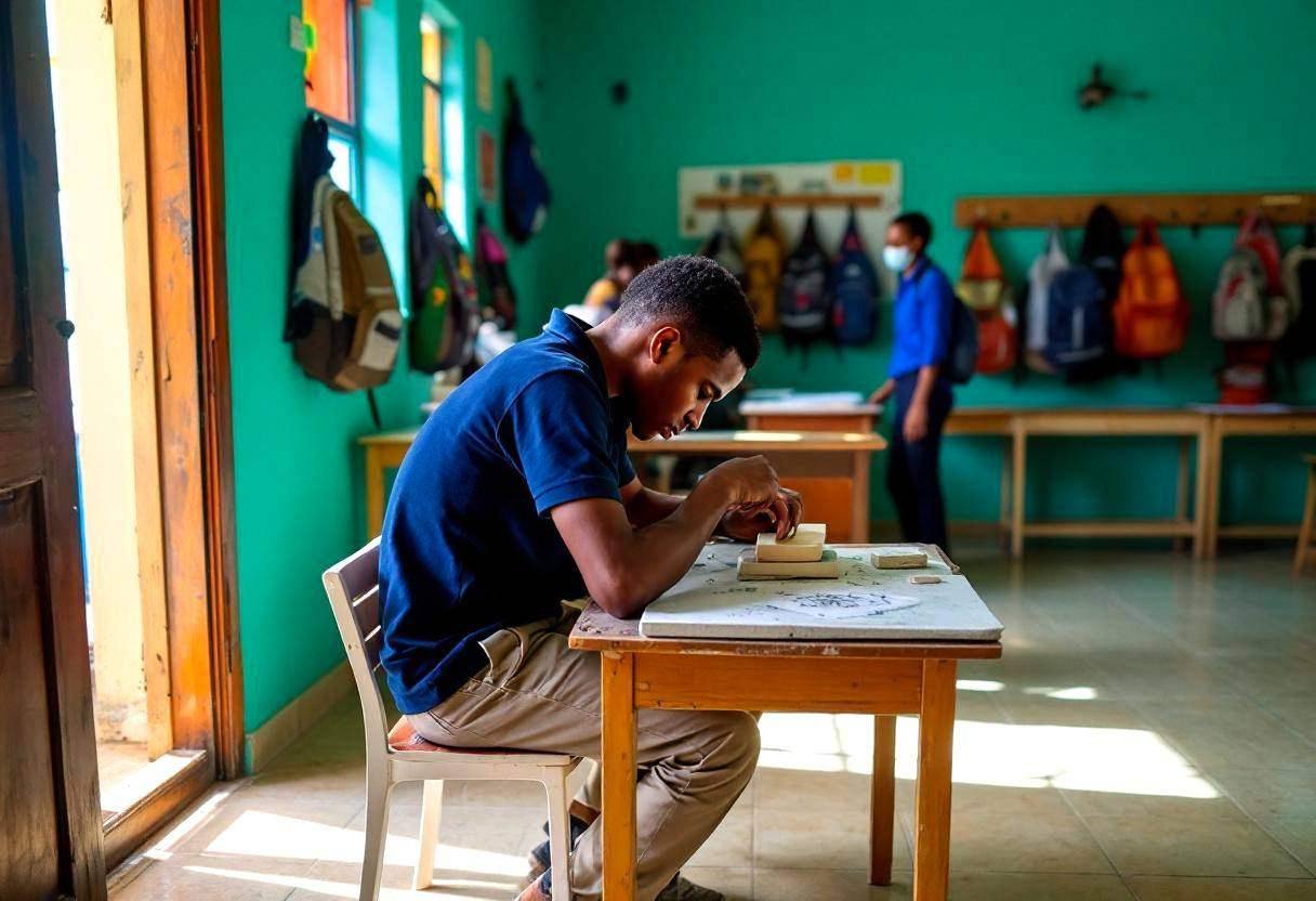 One lanky sixteen-year-old in a navy polo shirt and khaki trousers working on a printmaking block at a small wooden tabl