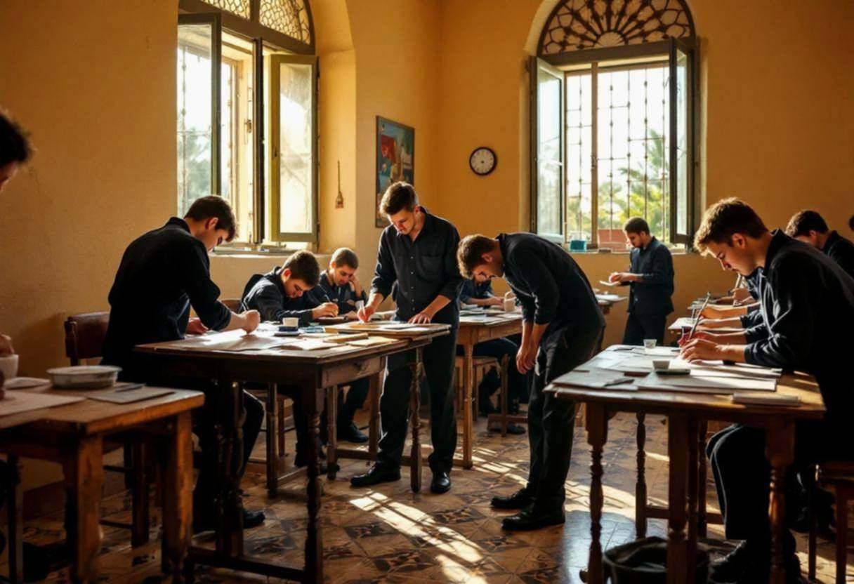 Lanky fourteen to seventeen-year-old high school students in dark button-down uniform shirts and long trousers working o