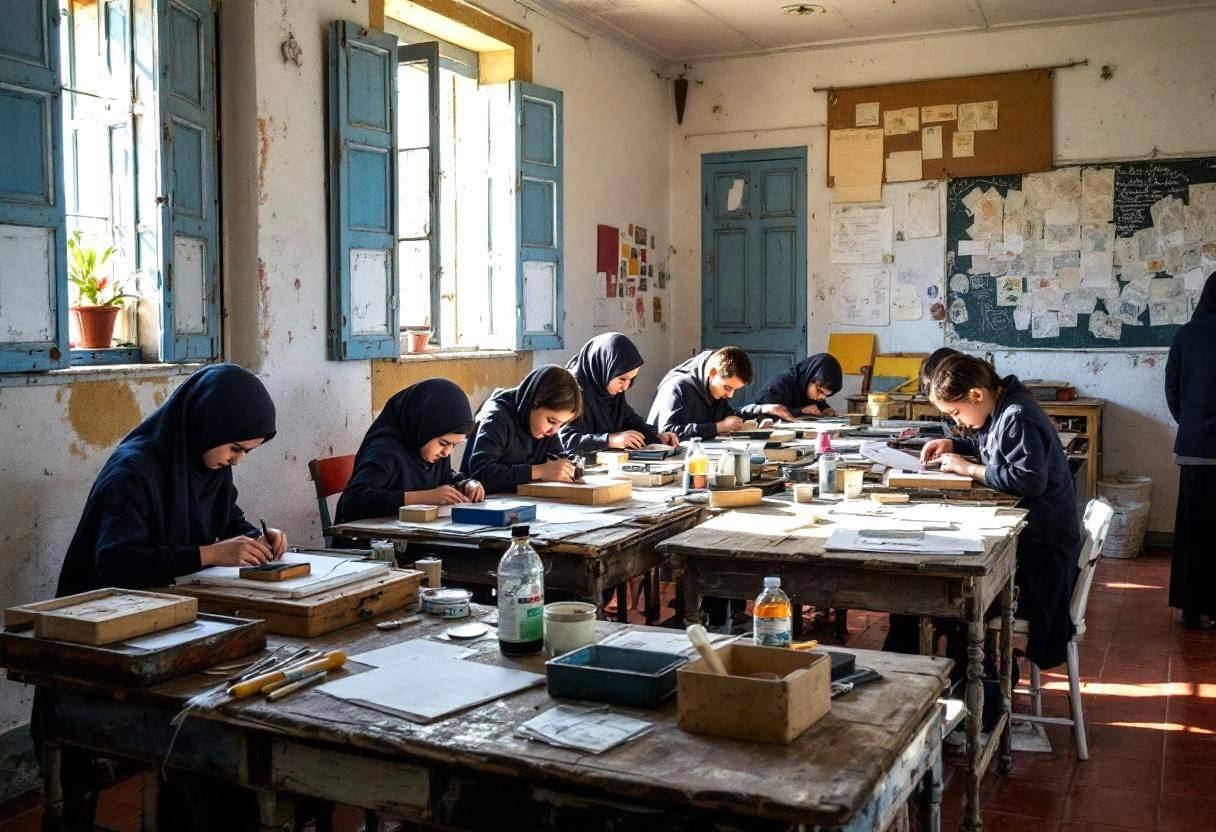 Printmaking supplies scattered across weathered wooden desks in a Portuguese village classroom with whitewashed plaster 