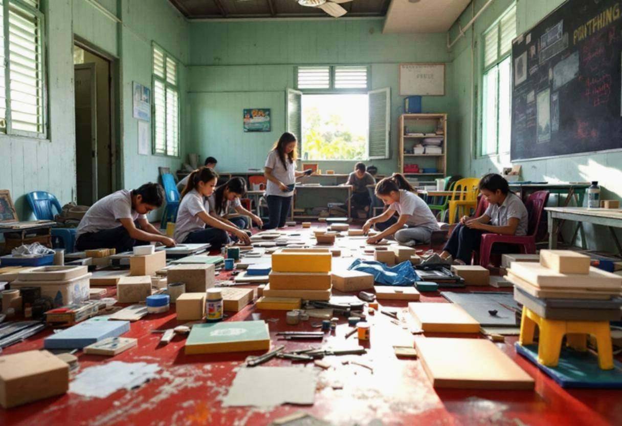 Printmaking supplies scattered across a red concrete classroom floor - carved linoleum blocks