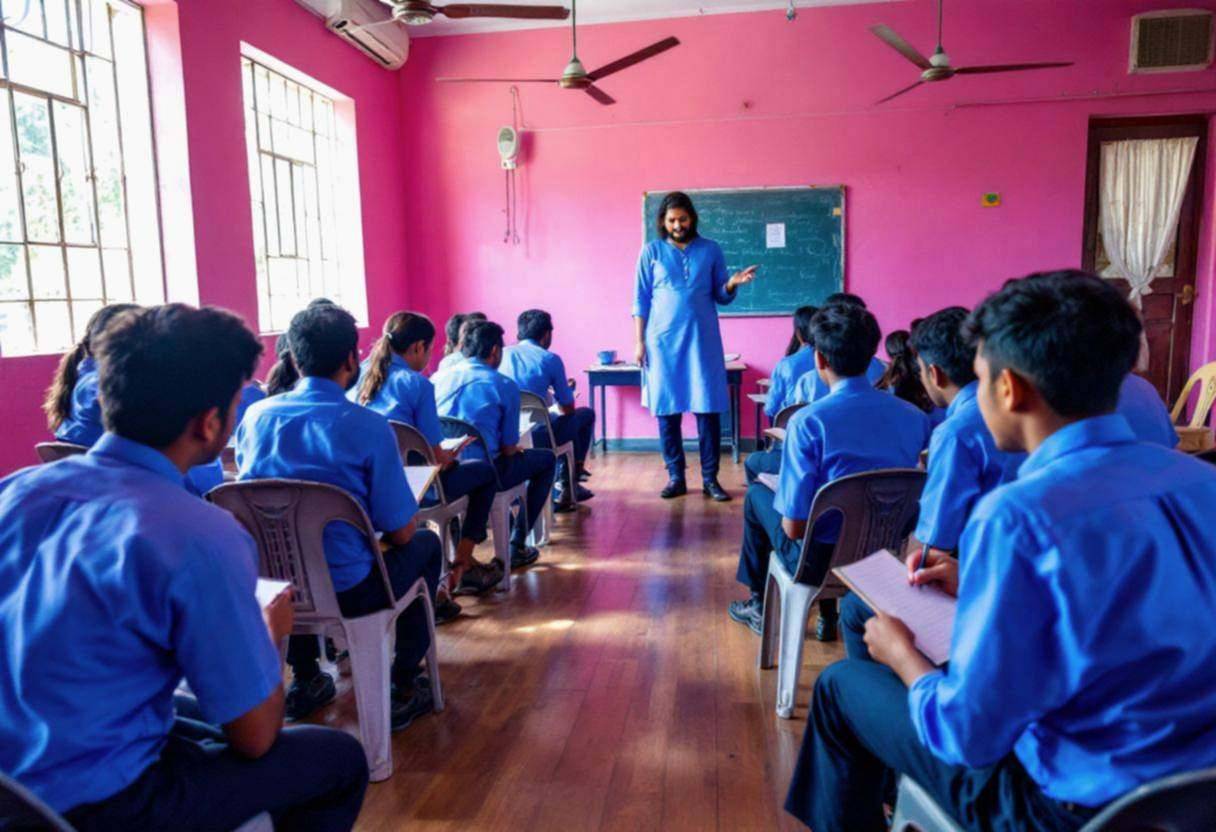 Lanky teenagers ages 14 to 17 in blue button-down uniform shirts and navy trousers sitting in plastic chairs around thei