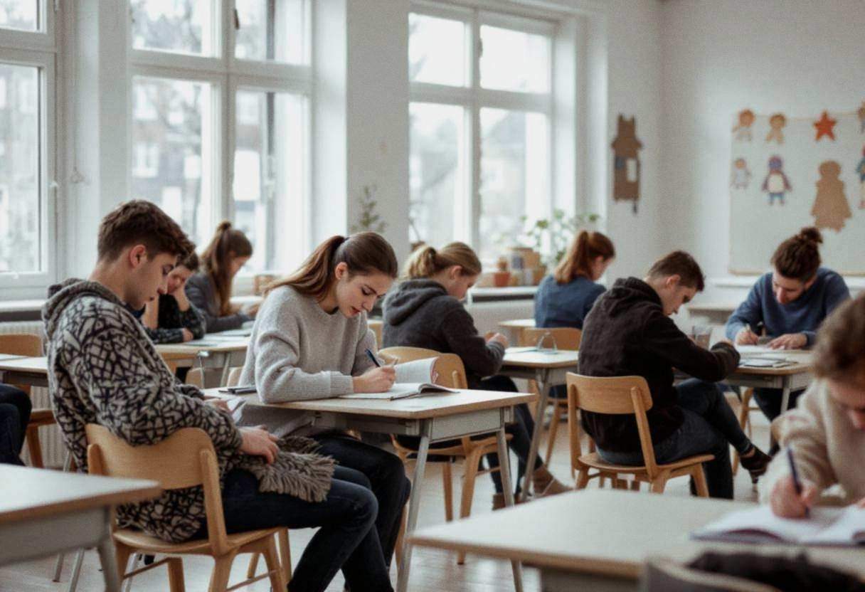 Lanky teenagers ages 14 to 17 in wool sweaters and dark jeans sitting in mismatched wooden chairs