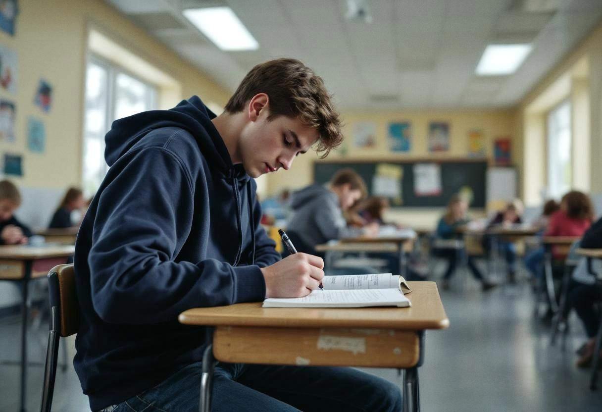 One lanky fifteen-year-old in a navy hoodie and dark jeans writing in an open journal notebook