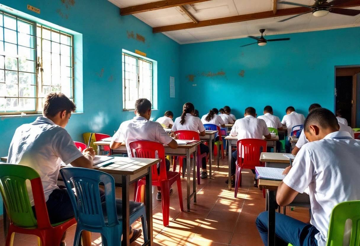 Lanky teenagers ages 14 to 17 in white polo shirts and navy trousers writing in notebooks during journal lesson