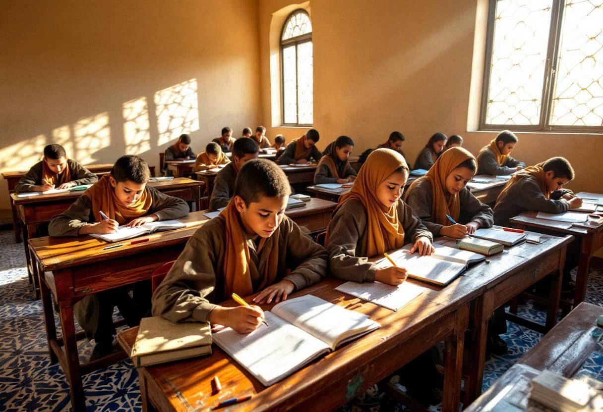 Open journals and scattered pens across wooden desk surfaces in a Moroccan village classroom with cream stucco walls