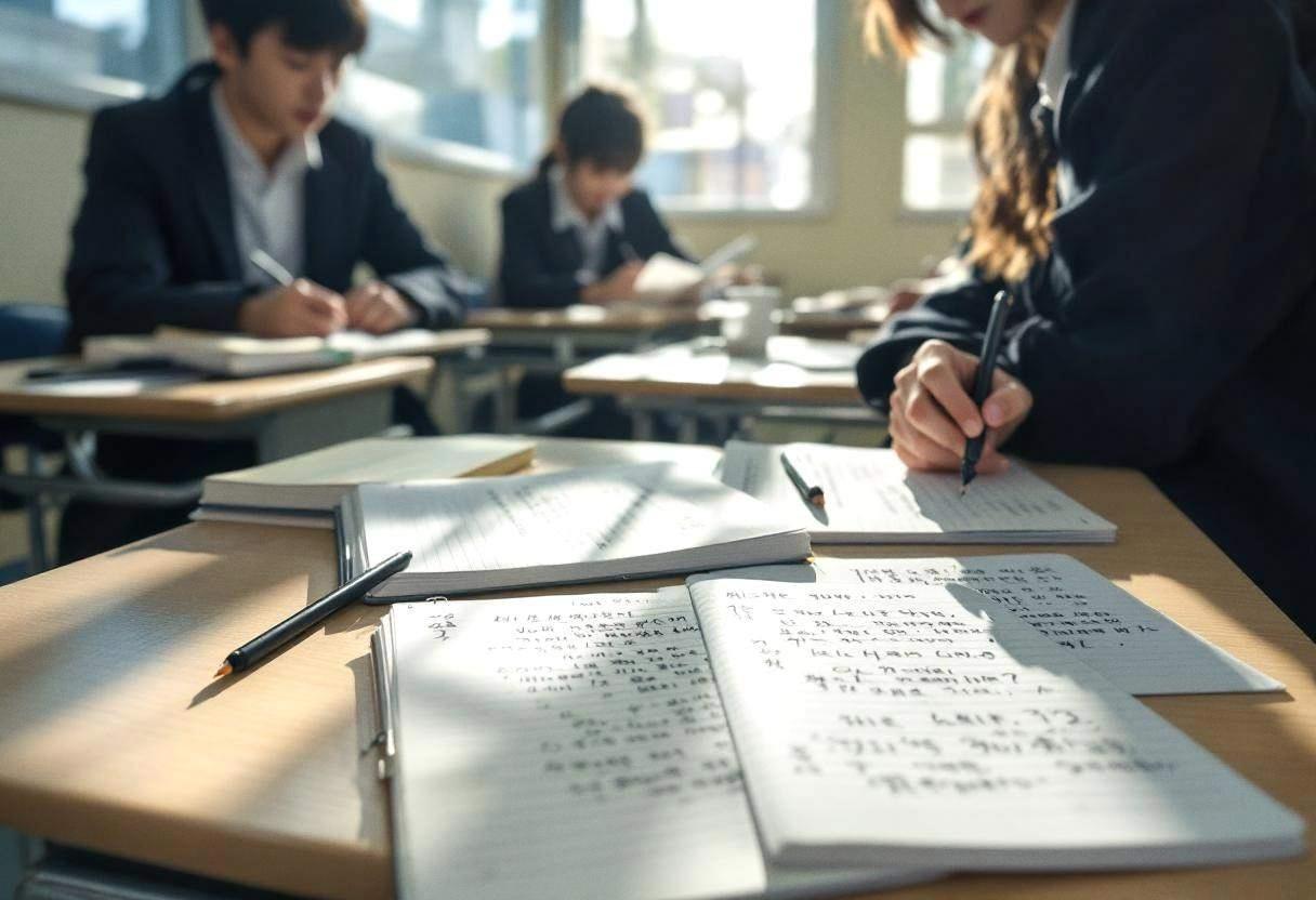 Open composition notebooks with handwritten diary entries scattered across light wood classroom desks
