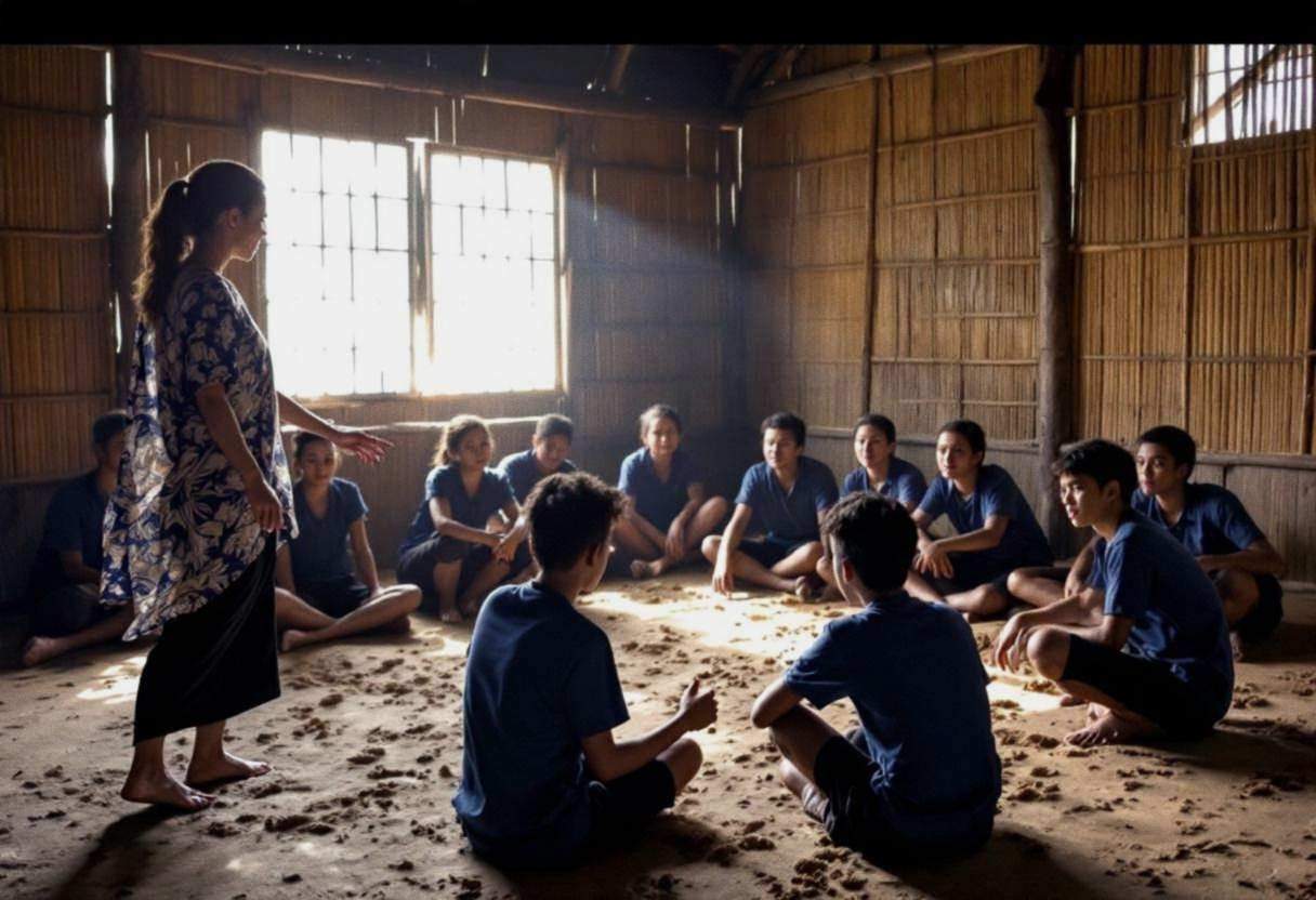 Indonesian dance teacher in flowing batik blouse and dark pants leading lanky teenagers ages 14 to 17 in blue cotton uni