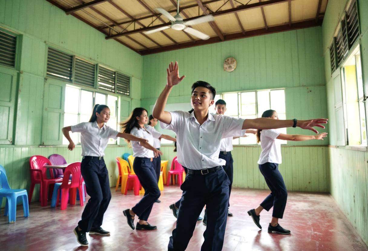 Lanky teenagers ages 14 to 17 in white button-down uniform shirts and navy trousers practicing modern dance movements wi