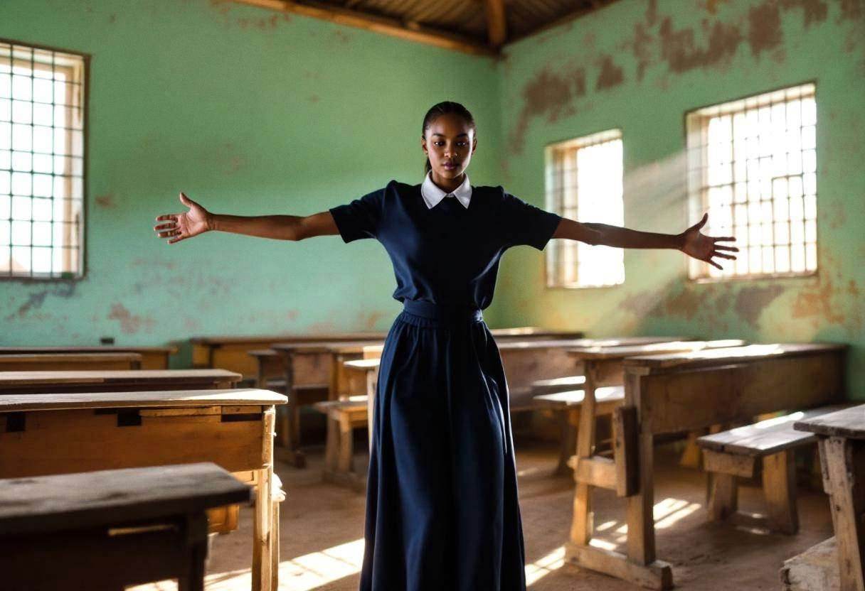One lanky sixteen-year-old girl in a navy blue school uniform blouse and long navy skirt practicing an expressive modern