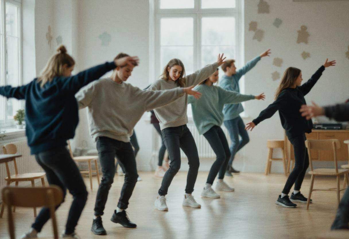 Lanky fourteen to seventeen-year-olds in wool sweaters and dark jeans practicing modern dance movements with arms extend