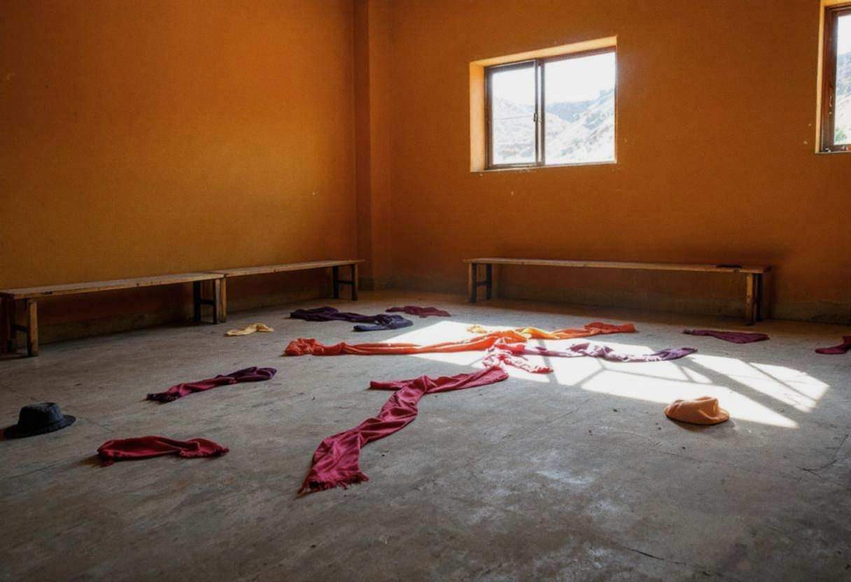 Dance movement props and scarves scattered across a scuffed concrete floor in a Peruvian highland classroom with warm oc