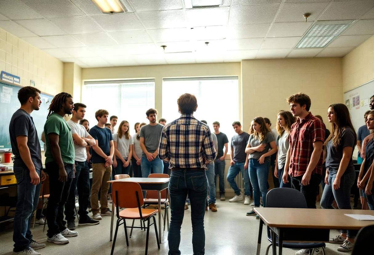 Lanky teenagers ages 14 to 17 in casual t-shirts and jeans gathered around their drama teacher in a plaid button-down sh