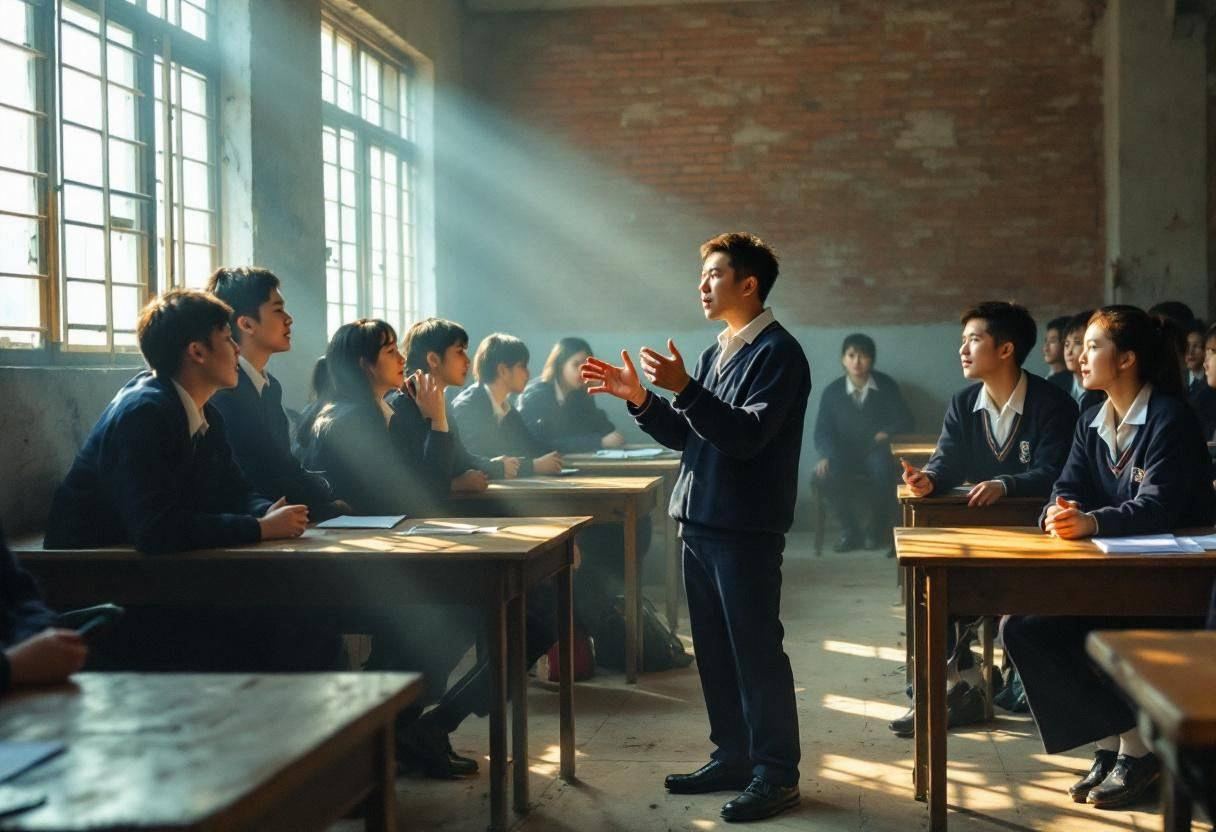 Lanky teenagers ages 14 to 17 in dark blue school uniforms and white collared shirts performing dramatic scenes about ci