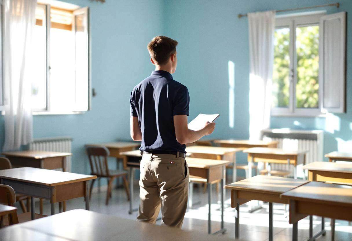 One lanky seventeen-year-old in a navy polo shirt and khaki trousers gesturing dramatically while reading from a script