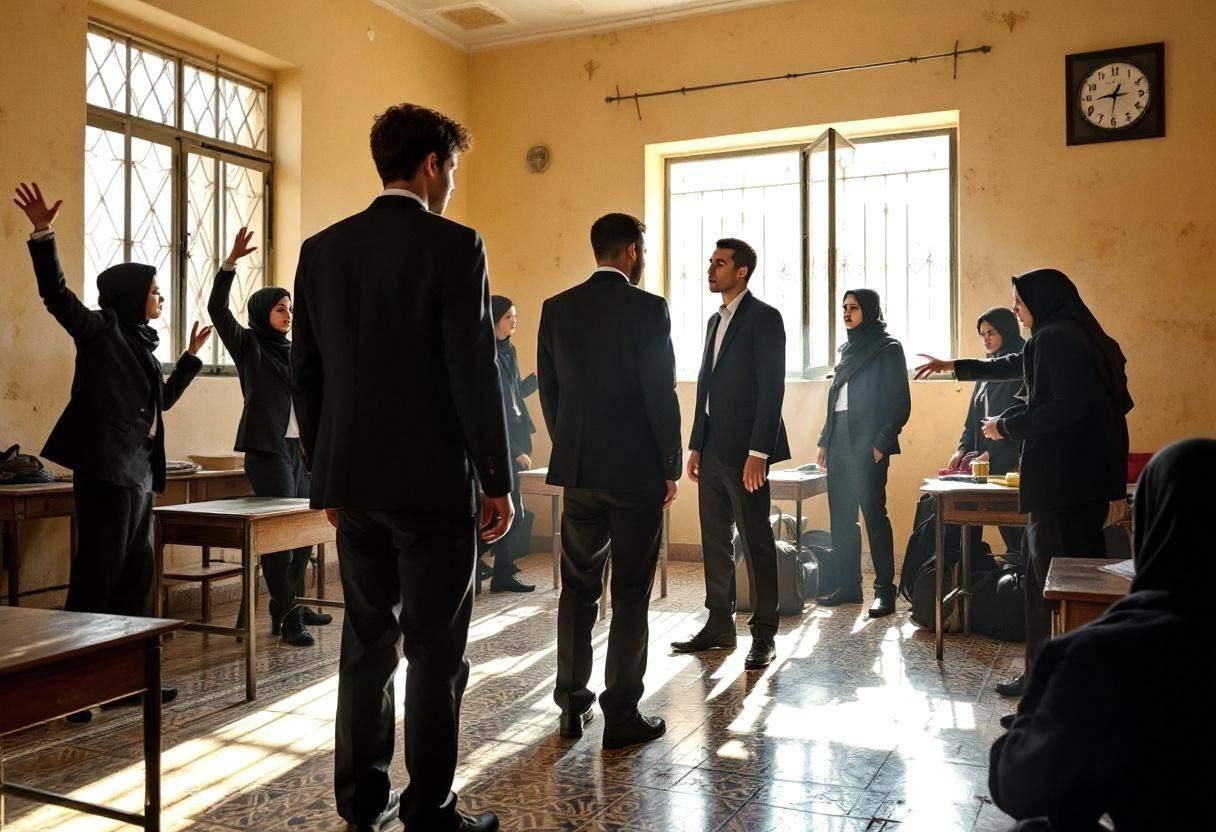 Lanky teenagers ages 14 to 17 in dark blazers and white shirts performing dramatic scenes about urban inequality