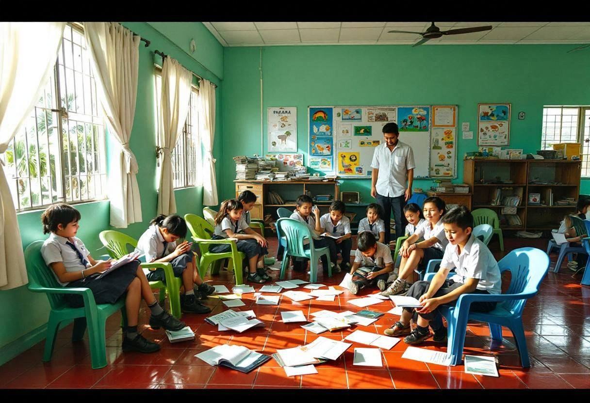 Drama scripts and props scattered across shiny red ceramic tiles in a bright jade-green walled classroom